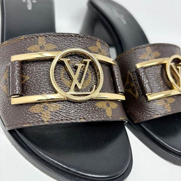 Louis Vuitton Lock It Mule Heeled Sandals Brown Monogram Canvas LV Logo Size 37 - Picture 4 of 16